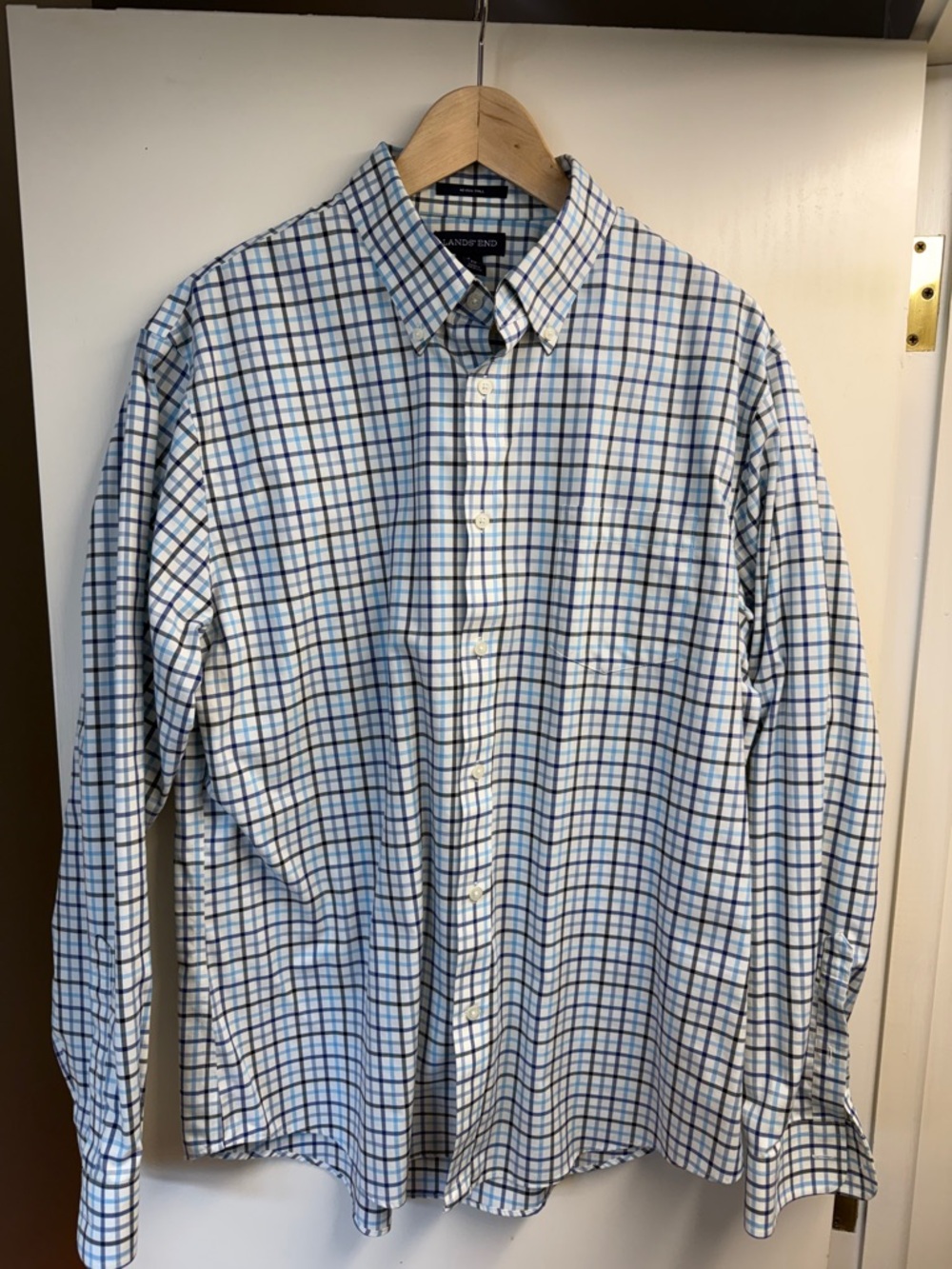 Lands' End Blue and White Plaid Button-Down Shirt